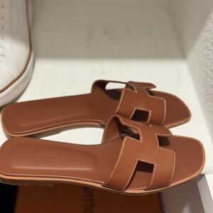 Hermes Tan Leather Slide Sandals